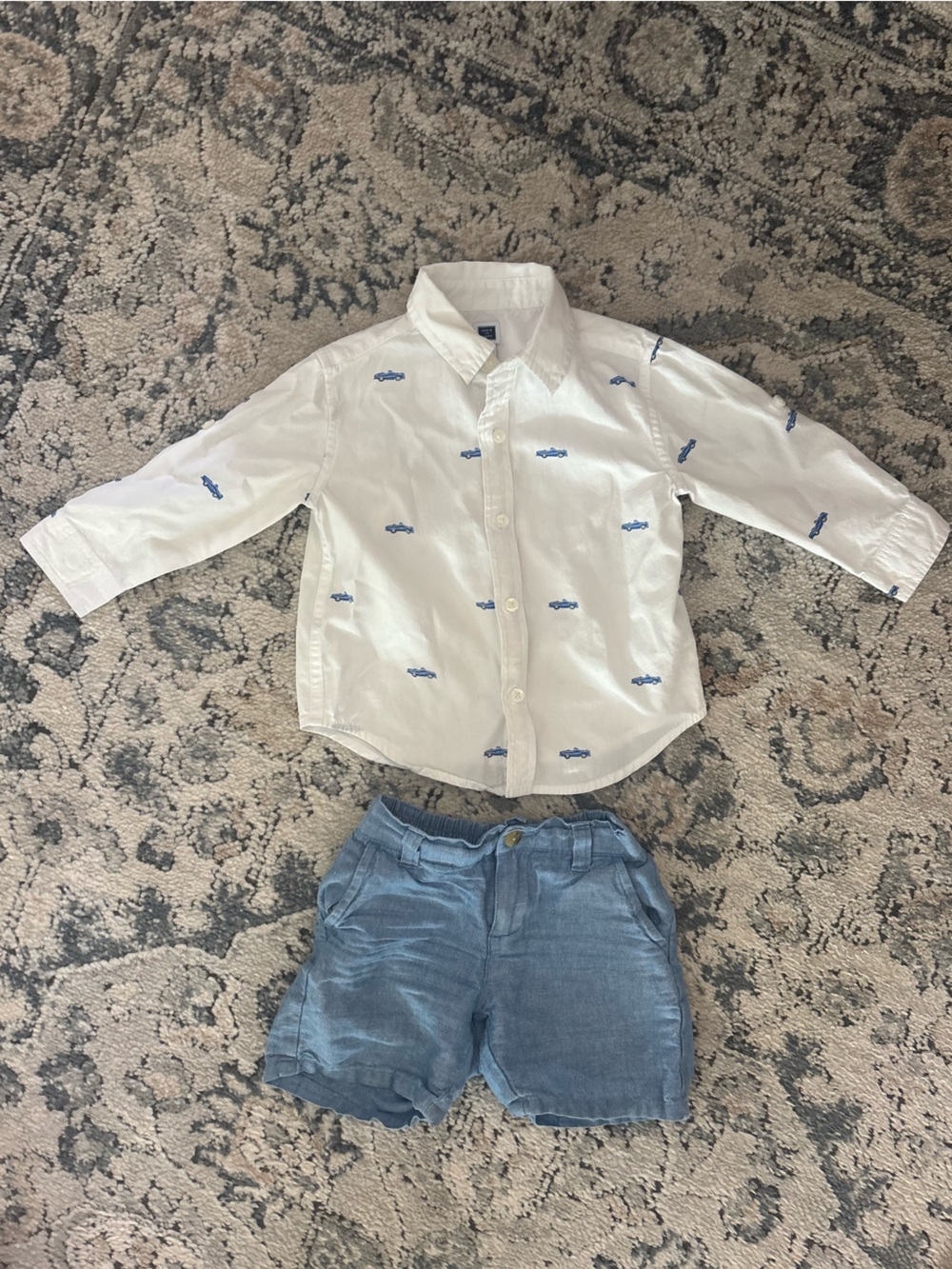 Janie and Jack White Button-Up Shirt with Blue Cars & Coordinating Shorts 12-18
